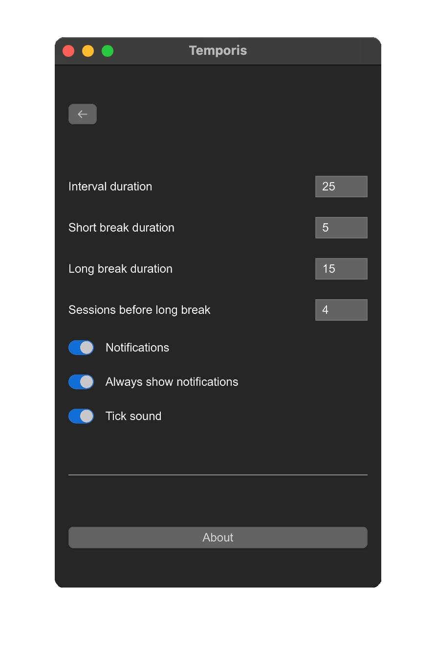 Temporis Settings on macOS